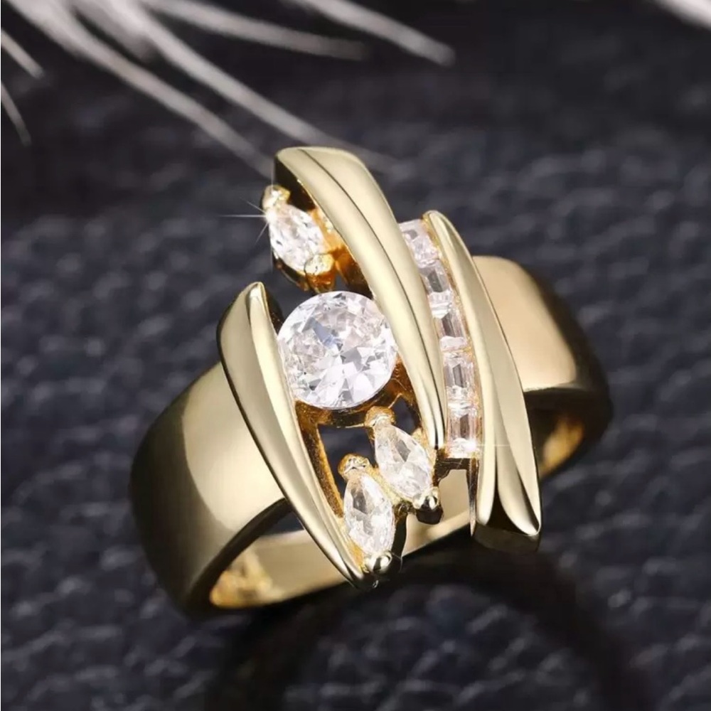 Gold Cubic Zirconia Statement Ring - Women Jewelry size 7